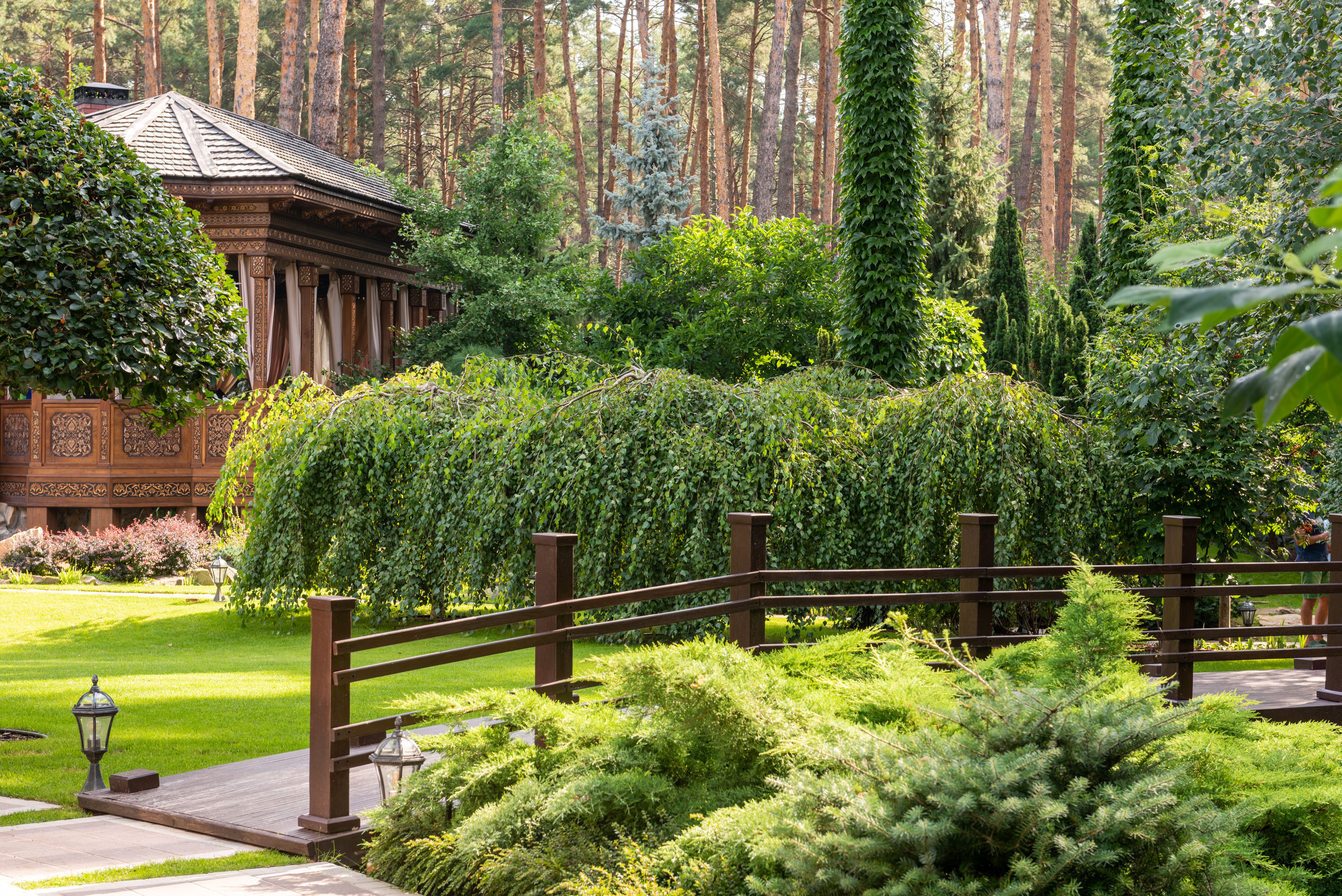 Beautifully designed outdoor landscape featuring lush greenery and natural stone elements